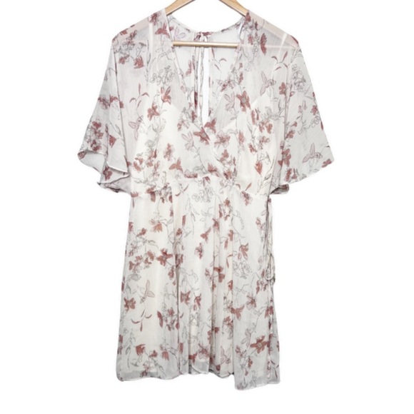 Lulus Women's Floral V-Neck Back Cut Out Neutral Flowy Sheer Ruffle Mini Dress - Picture 4 of 16